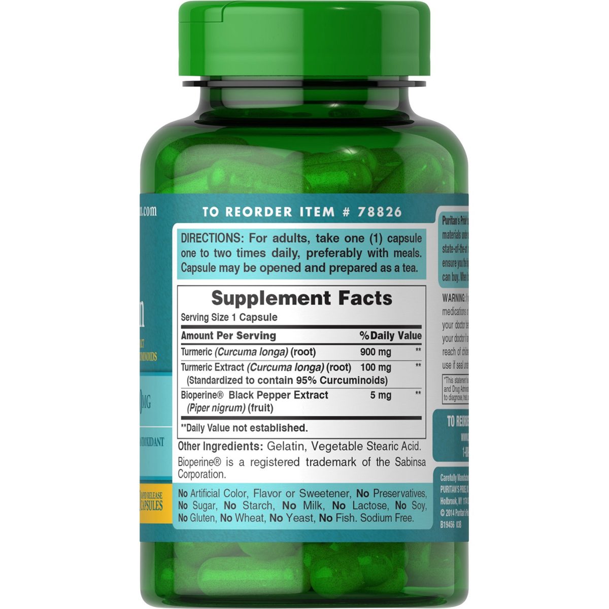 Puritan's Pride Turmeric Curcumin 1000mg W/Bioperine 60 Capsules - Image 3