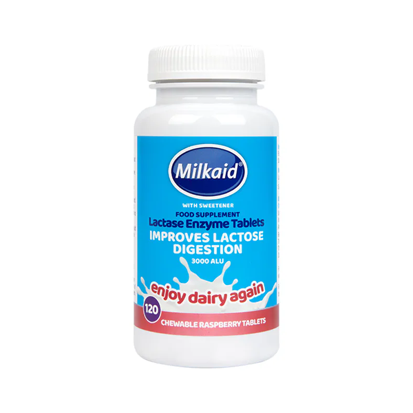 Milkaid Lactase Enzyme Tablets Raspberry Flavour 120 Tablets