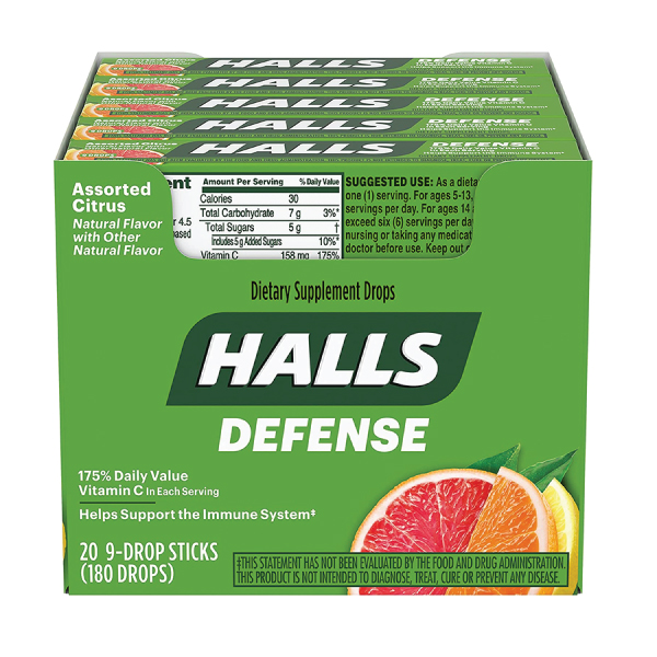 HALLS Defense Assorted Citrus Vitamin C Drops 20 Packs of 9 Drops (180 Total Drops)