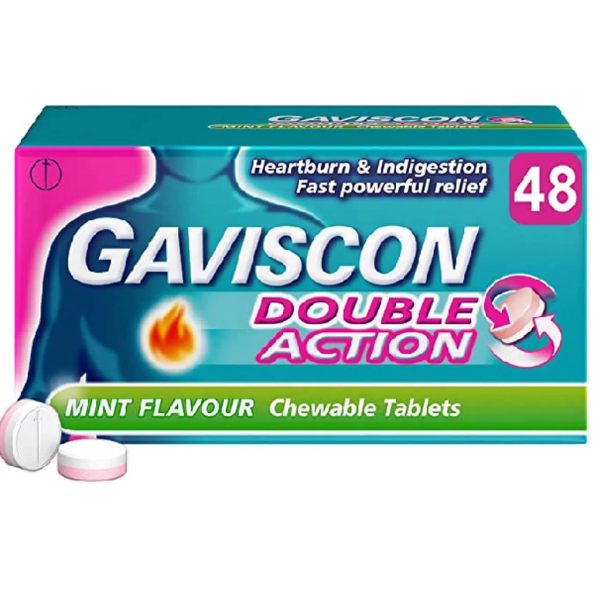 Gaviscon Double Action Heartburn and Indigestion Mint Flavour Chewable 48 Tablets