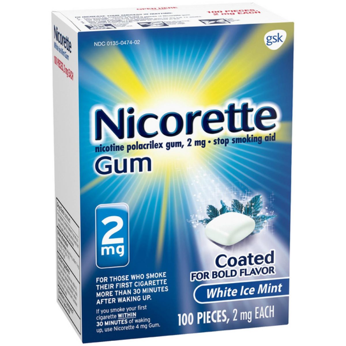 Nicorette 2mg White Ice Mint Coated Stop Smoking Aid Gum 100 pices (USA) - Image 1