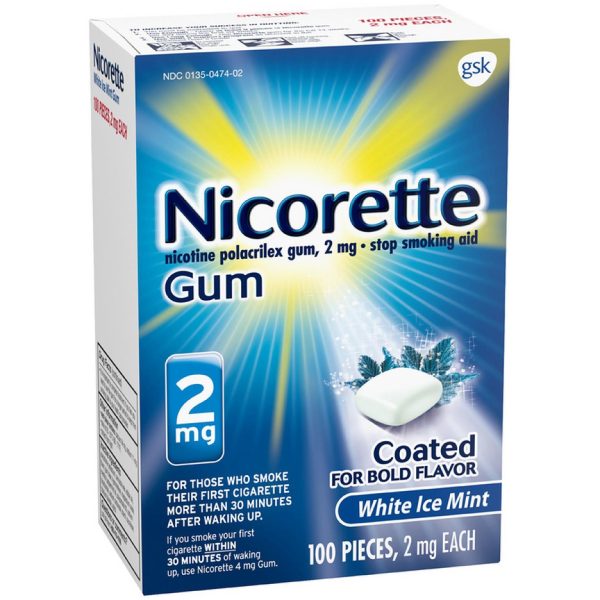 Nicorette 2mg White Ice Mint Coated Stop Smoking Aid Gum 100 pices (USA)