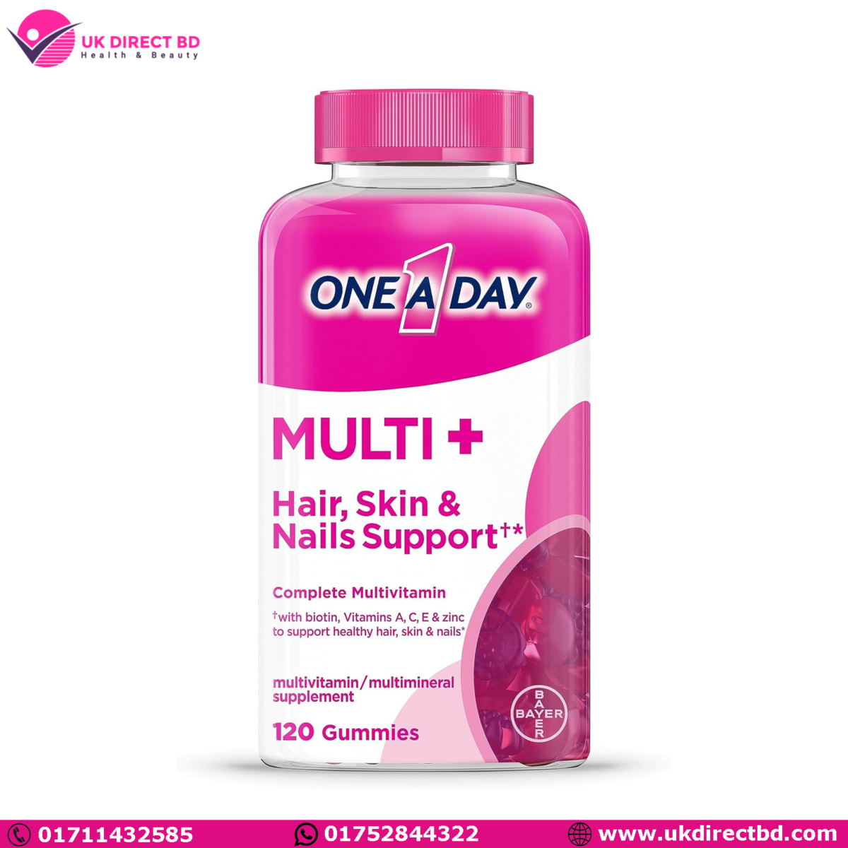 ONE A DAY Multi+ Hair, Skin & Nails, Multivitamin + Boost of Support for Healthy Hair, Skin & Nails with Biotin and Vitamins A, C, E & Zinc Gummy 120 Count - Image 1