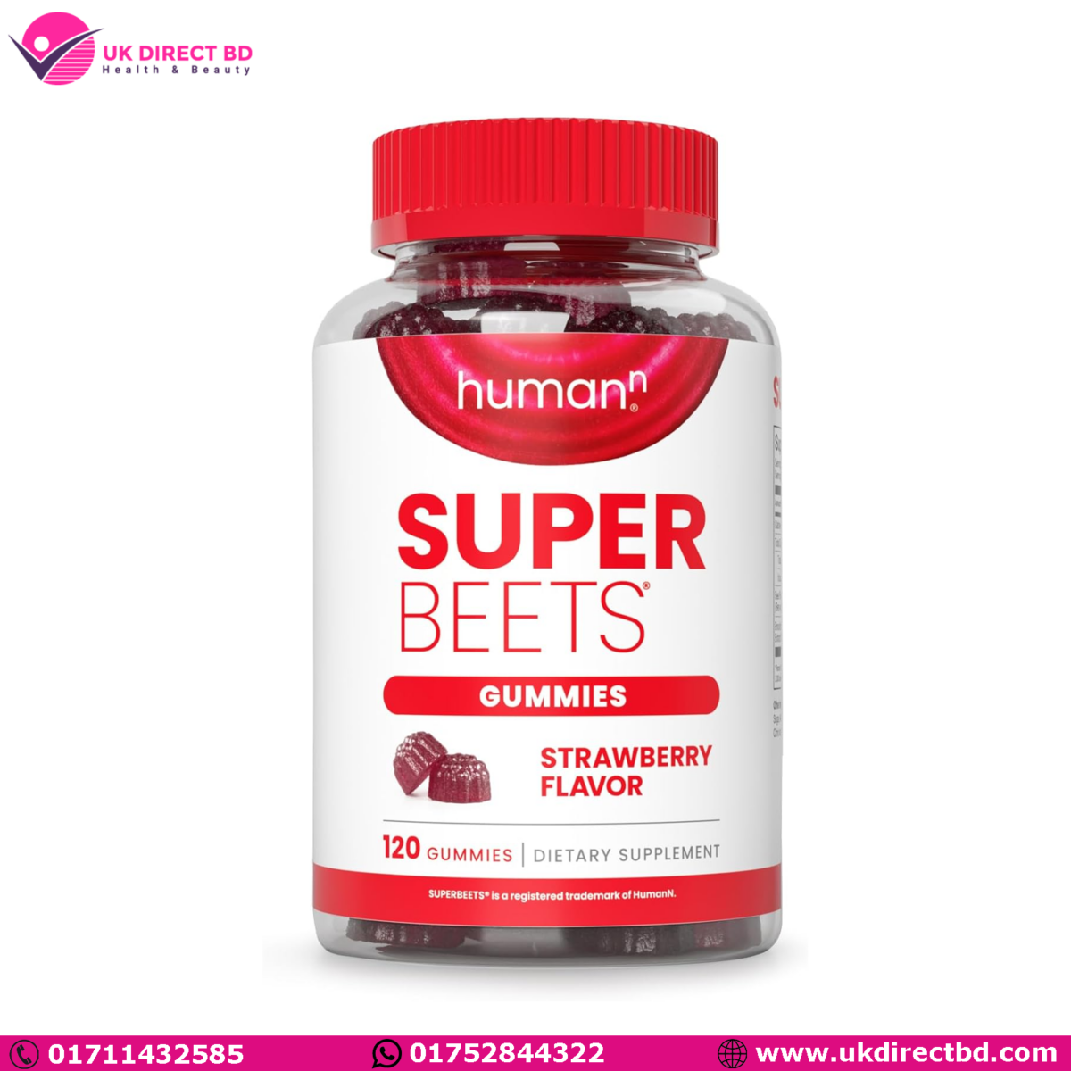 humanN SuperBeets Strawberry Heart Gummies Beetroot & Grape Seed Extract 120 Count - Image 1