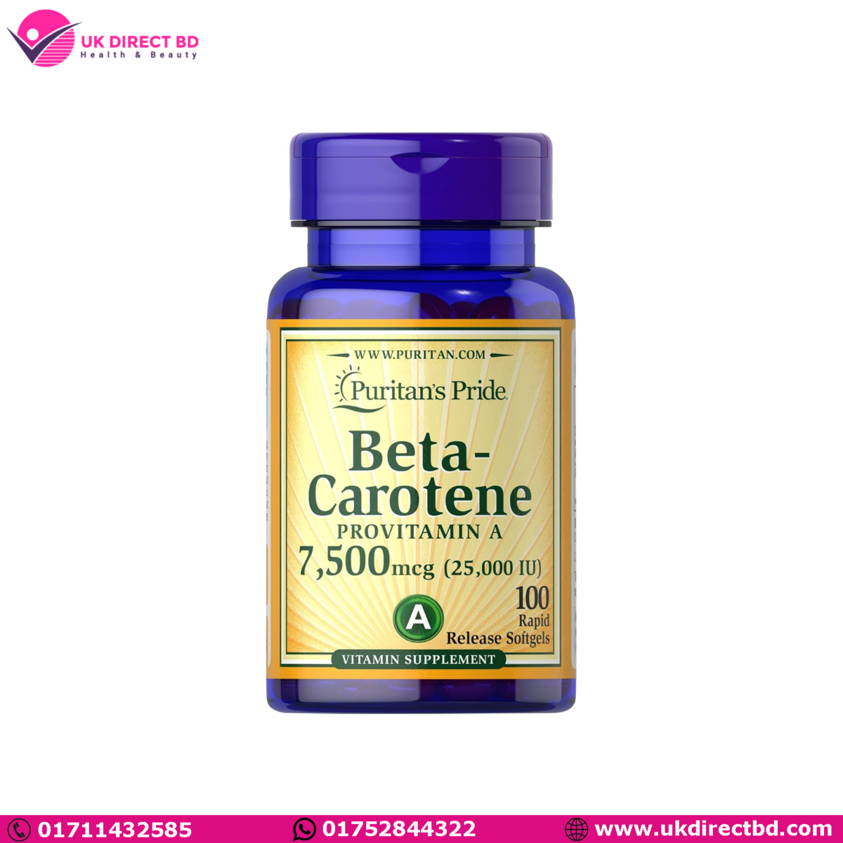 Puritan's Pride Beta Carotene Provitamin A 7,500mcg  250 Softgels - Image 1