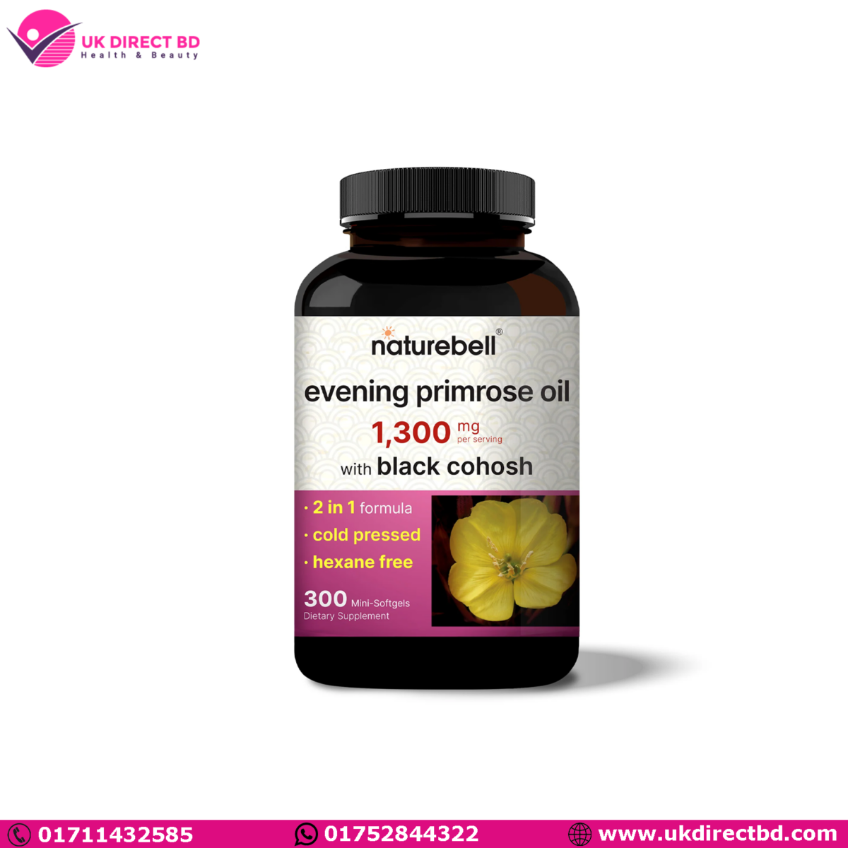 NatureBell Evening Primrose Oil with Black Cohosh 1,300mg Per Serving, 300 Mini Softgels - Image 1