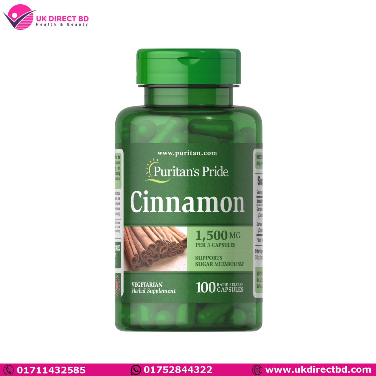 Puritan's Pride Cinnamon 1500mg 100 Capsules - Image 1