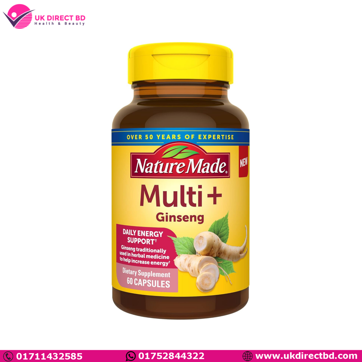 Nature Made Multi + Ginseng Daily Energy Multivitamin for Adults One Per Day Vitamin 60 Capsules - Image 1