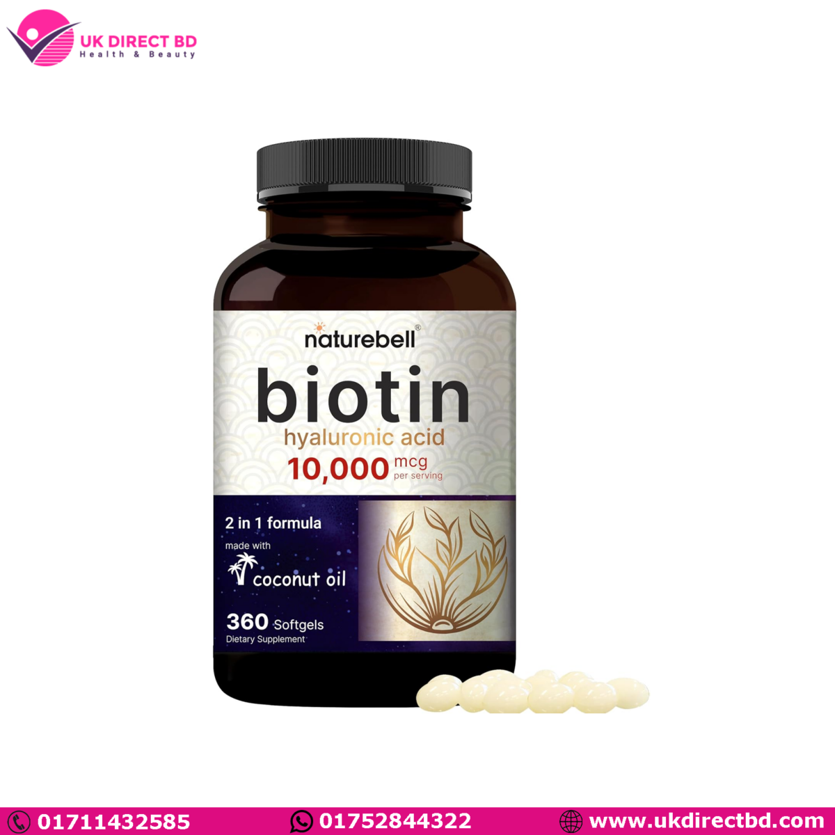Naturebell Biotin 10000mcg Hyaluronic Acid 25mg 360 Coconut Oil Softgels - Image 1