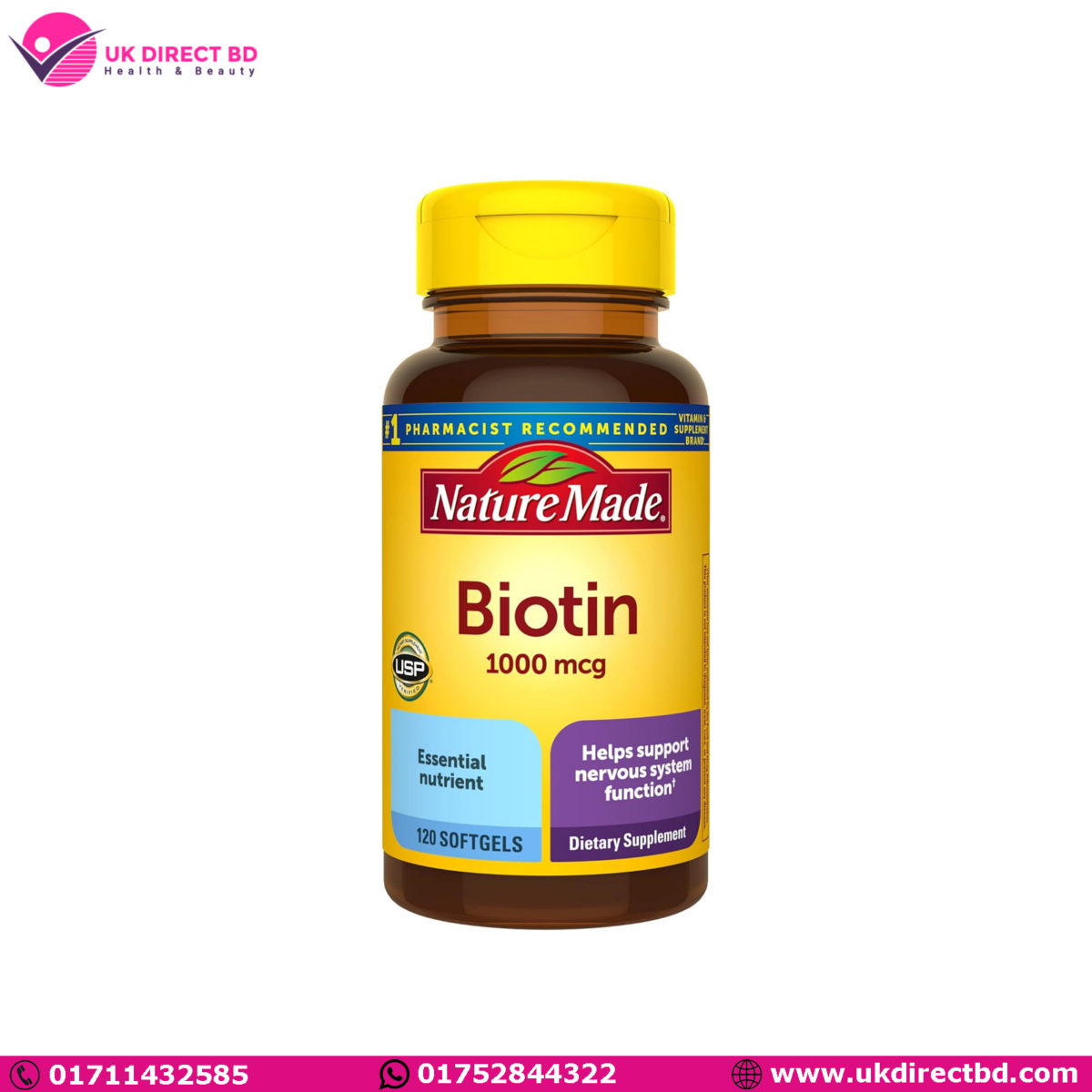 Nature Made Biotin 1000mcg Dietary Supplement Supports Healthy Hair & Skin 120 Softgels - Image 1