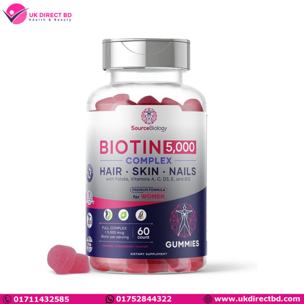 Source Biology Biotin 5000 Mcg Complex Hair, Skin, Nails Premium Formula for Women High Potency Vegan Friendly 60 Gummies