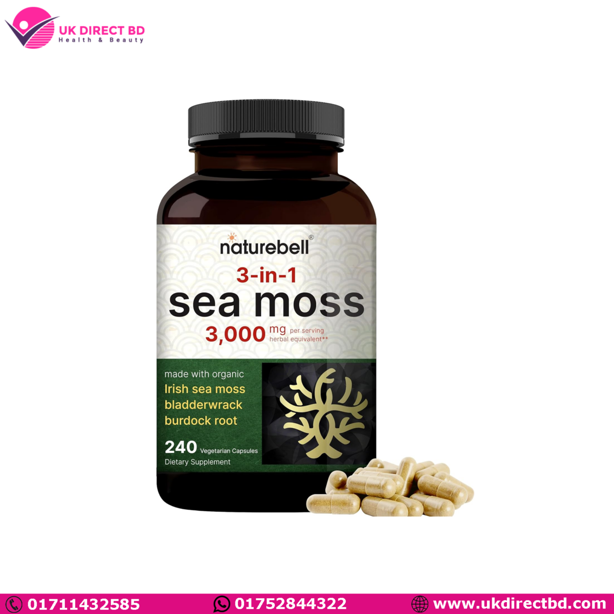 NatureBell Sea Moss Capsules 3,000mg Per Serving 240 Veggie Pills - Image 1