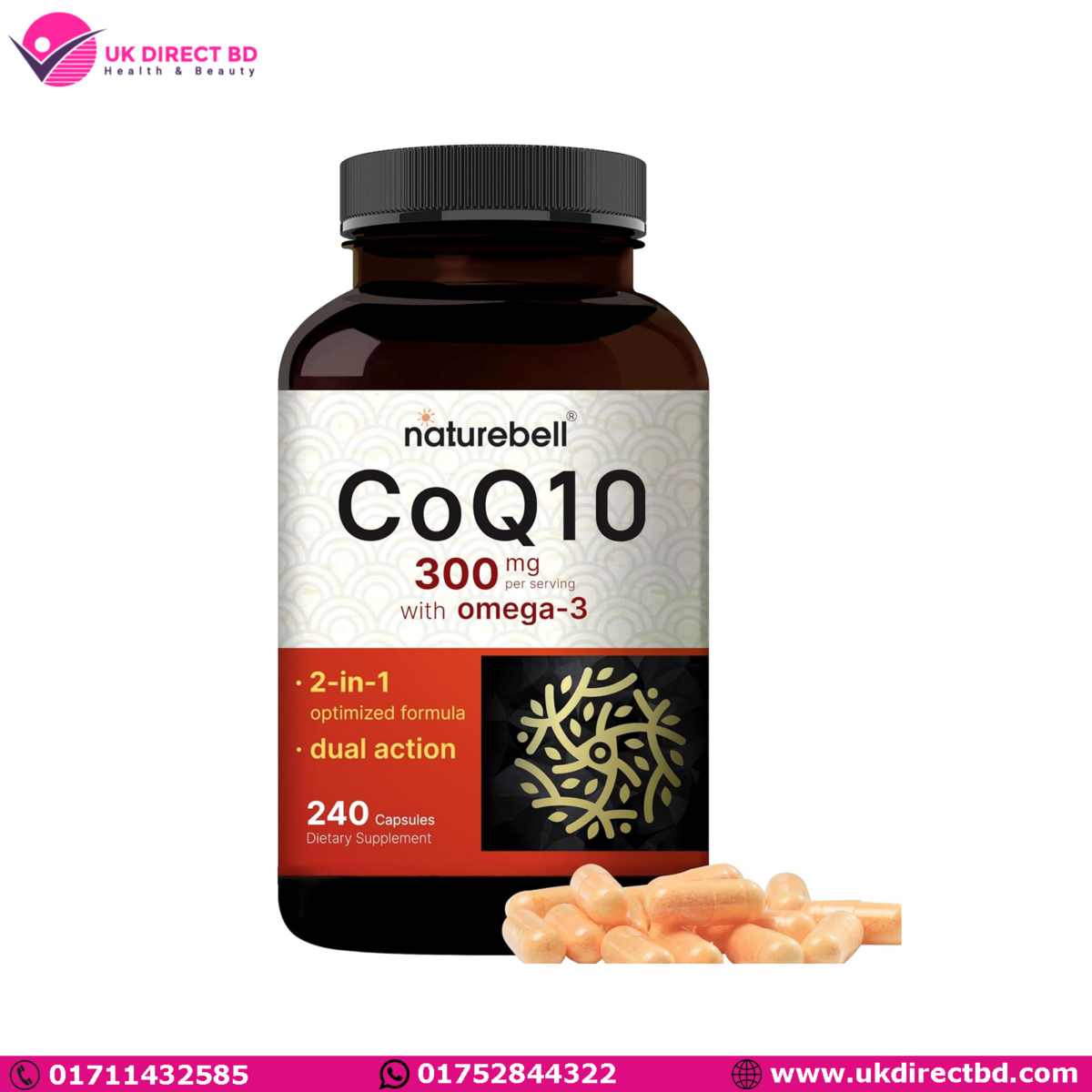 NatureBell CoQ10 Ubiquinone 300mg with Omega 3 Fatty Acids 240 Capsules - Image 1