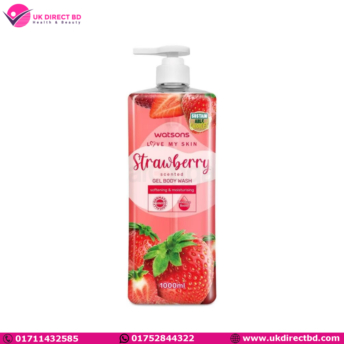 Watsons Love My Skin Strawberry Scented Gel Body Wash for Softening & Moisturising 1000ml - Image 1