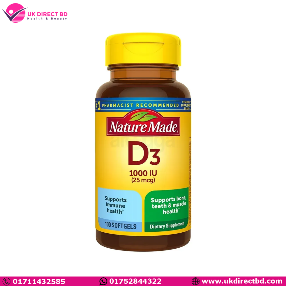 Nature Made Vitamin D3 1000 IU 25 mcg Softgels 100 Count - Image 1