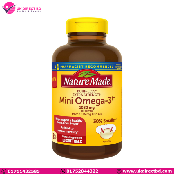 Nature Made BurpLess Extra Strength 1080mg Mini Omega 3 Fish Oil 180 Softgels