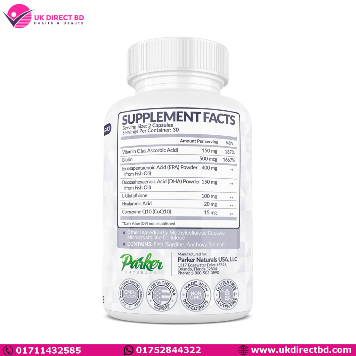 Parker Naturals Glowing Skin Supplement Biotin Glutathione Hyaluronic Acid DHA/EPA Omega 3 Fish Oil, CoQ10, Vitamin C, All Natural Skin Care Supplement 60 Capsule - Image 2