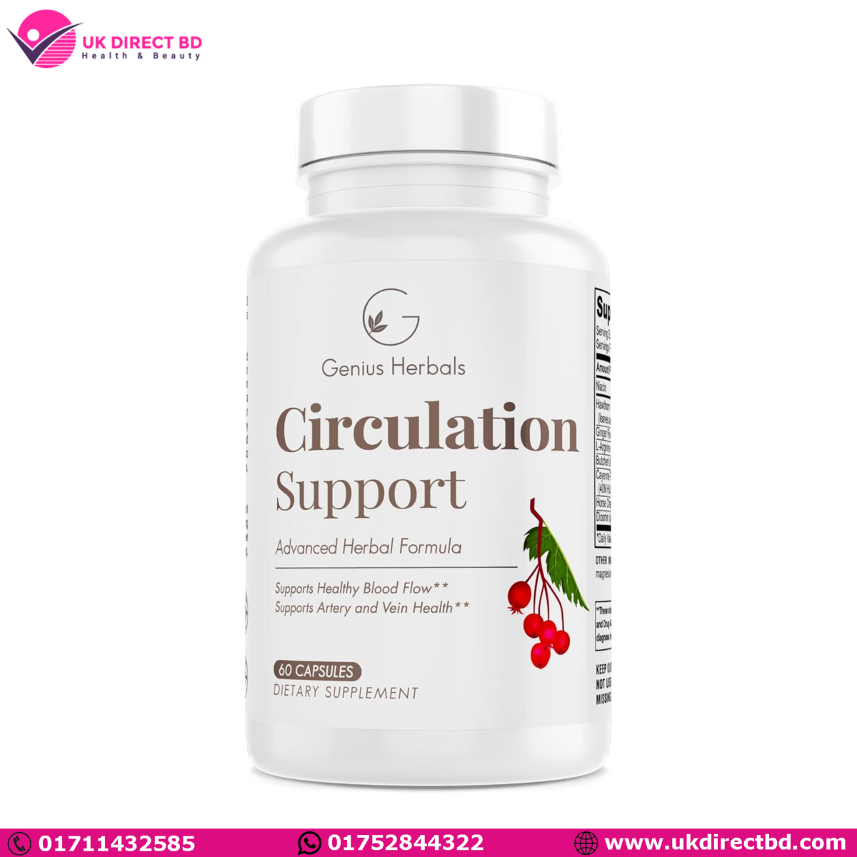 Genius Herbals Circulation Support with Hawthorn Butchers Broom L-Arginine Varicose Veins Support 60 Capsules - Image 1