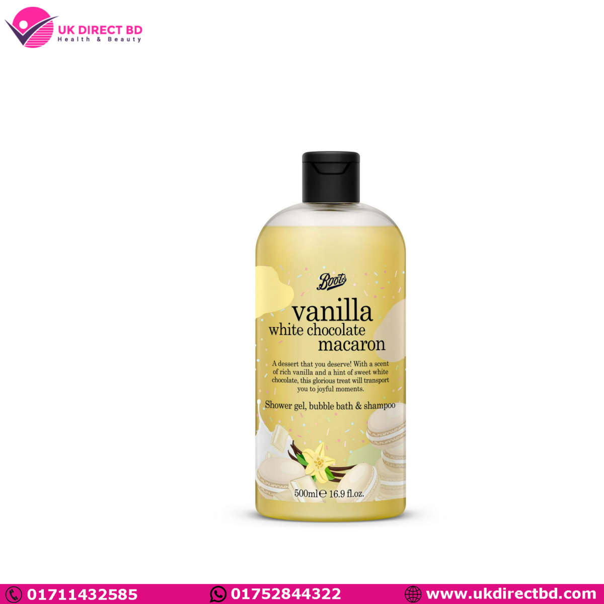 Boots Vanilla White Chocolate Macaron Shower Gel Bubble Bath & Shampoo 500ML Flavour Collection - Image 1