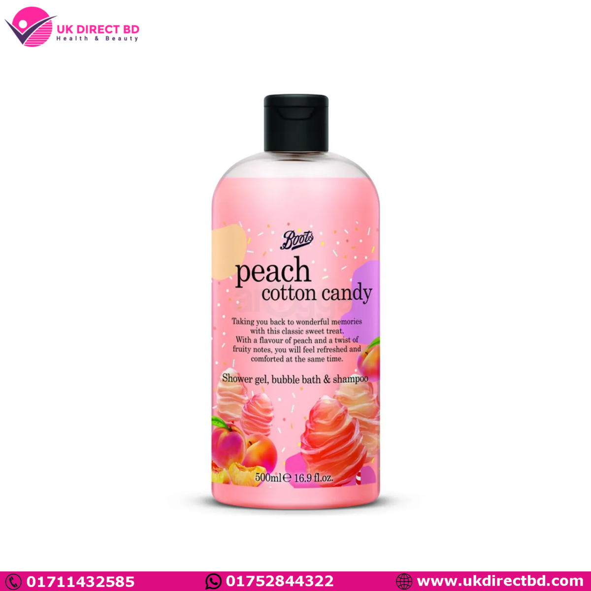 Boots Peach Cotton Candy Shower Gel Bubble Bath & Shampoo 500ml - Image 1