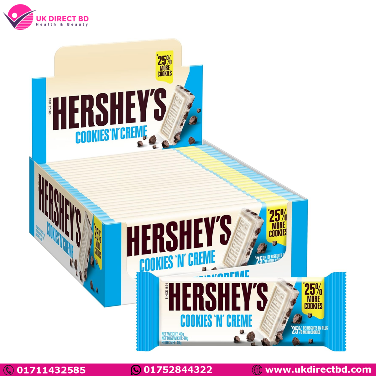 Hershey's Cookies ‘n’ Crème White Chocolate Flavour with Cookie Pieces Pack of 24 x 40g - Image 1