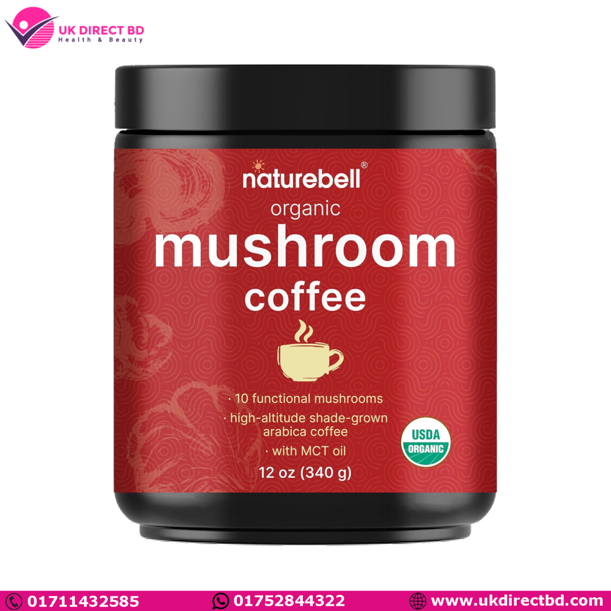 NatureBell Organic Mushroom Coffee with MCT Oil 10 in 1 Adaptogenic Mushrooms 340g - Image 1