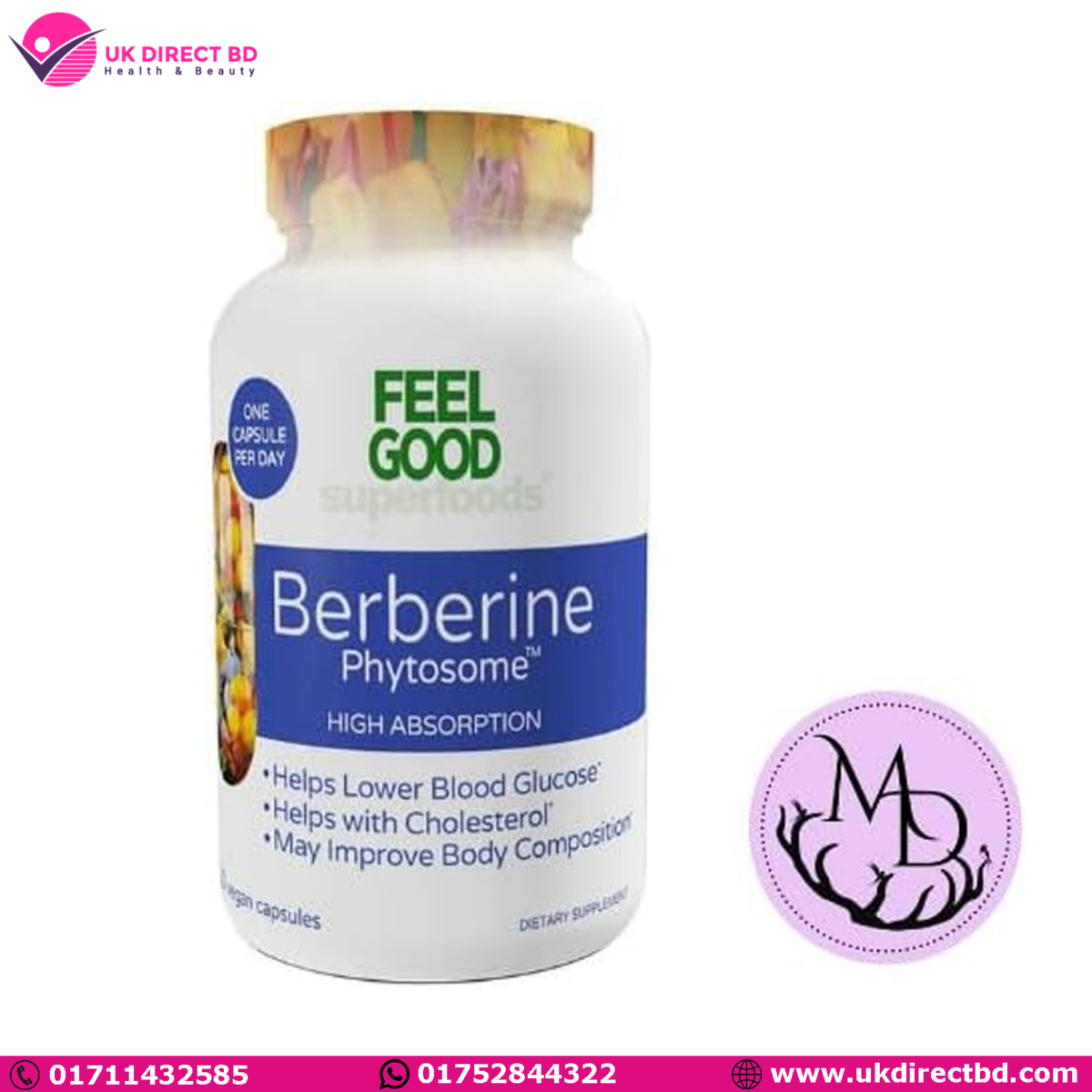 Feel Good Superfoods Berberine Phytosome120 Vegan Capsules + Dri Store Sticker - Image 1