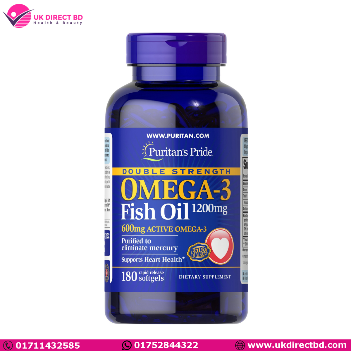 Puritan's Pride Double Strength Omega-3 Fish Oil 1200mg180 Softgels - Image 1