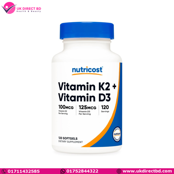 Nutricost Vitamin K2 MK7 100mcg + Vitamin D3 5000 IU 120 Softgels Gluten Free and Non GMO