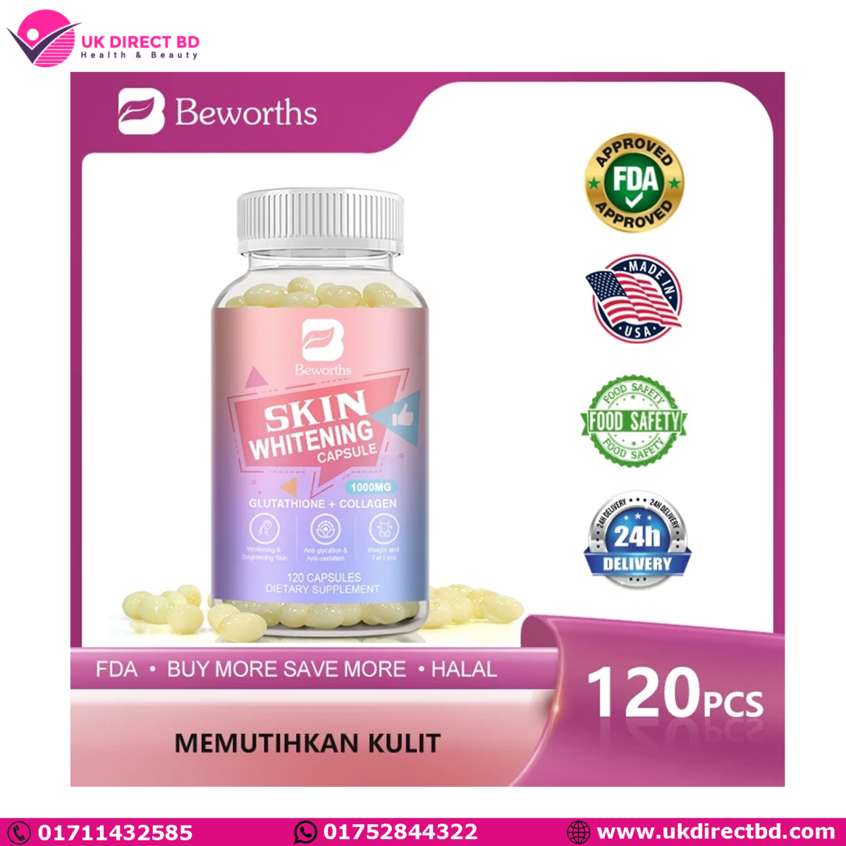 Beworths Kapsul Pemutih Kulit Glutatin + Kolagen 1000mg 120PCS - Image 1