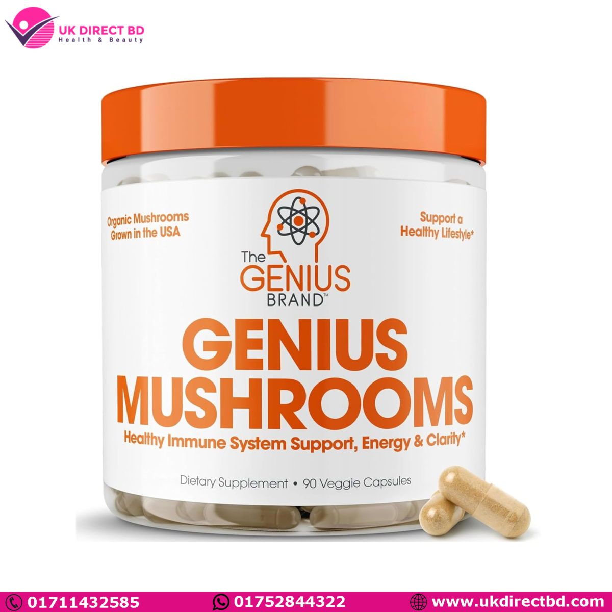 Genius Mushroom Supplement  Lions Mane Cordyceps Reishi Brain Nootropic for Energy Focus Overall Wellness & Immune Support 90 Capsules - Image 1