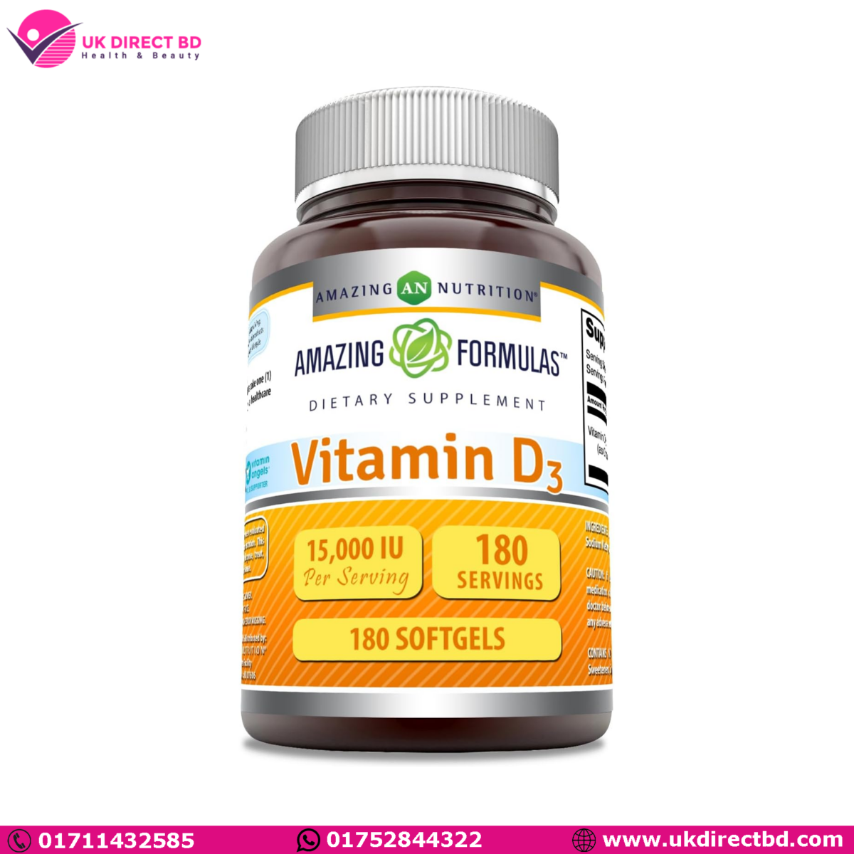 Amazing Nutrition Amazing Formulas Vitamin D3 Supplement 15000iu Per Serving 180 Count Softgels USA - Image 1