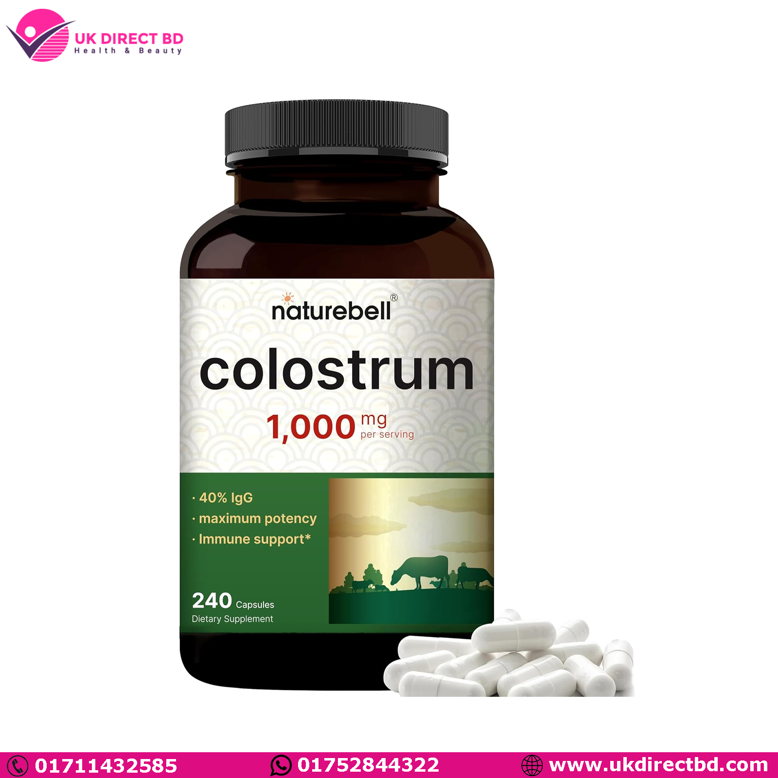 28 NatureBell Colostrum Supplement 1,000mg Per Serving 240 Capsules - Image 1