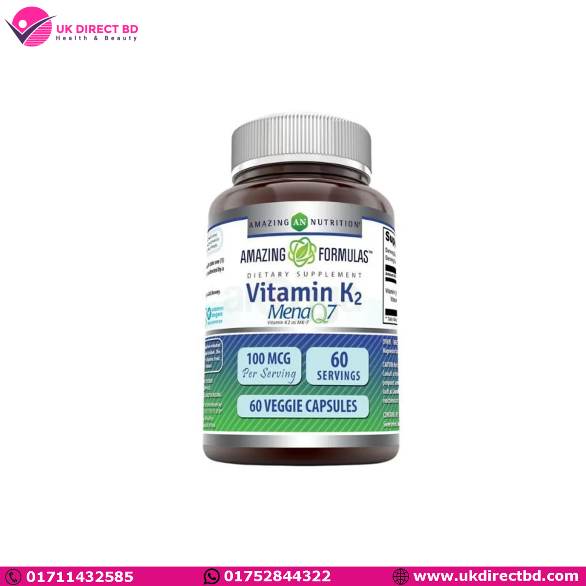 Amazing Formulas Vitamin K2 Menaq7 MK7 Supplement 100mcg 60 Veggie Capsules - Image 1