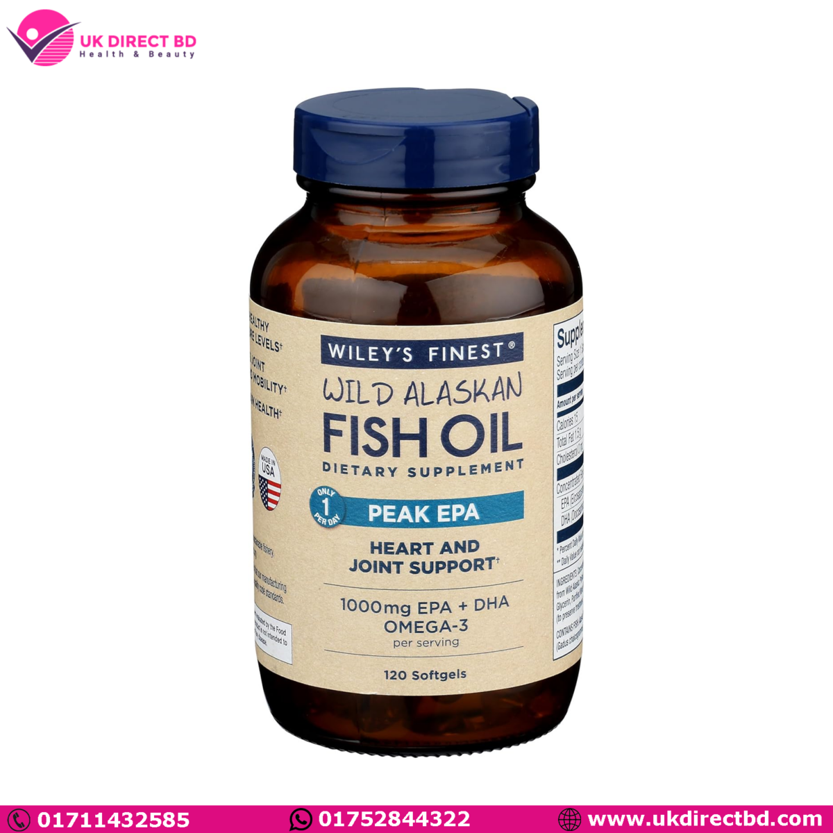 Wiley's Finest Wild Alaskan Fish Oil Peak EPA -Triple Strength Peak EPA and DHA 1000mg Omega-3s SQF-Certified 120 Softgels - Image 1