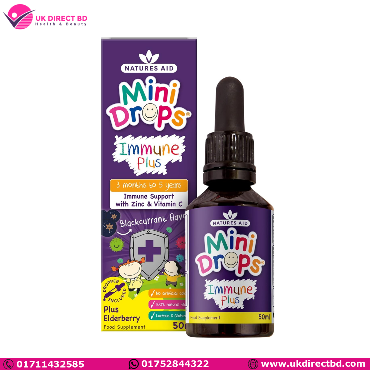 Natures Aid Immune Plus Mini Drops for Infants and Children 50ml - Image 1