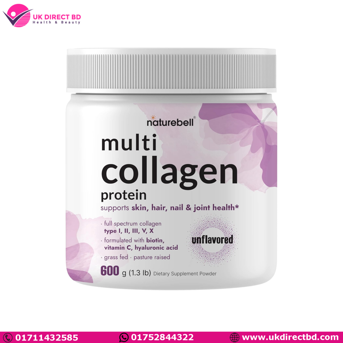 NatureBell Multi Collagen Protein Powder 600g 5 Types (I, II, III, V, X) Grass-Fed & Pasture-Raised with Biotin 5000mcg Vitamin C & Hyaluronic Acid 600g - Image 1