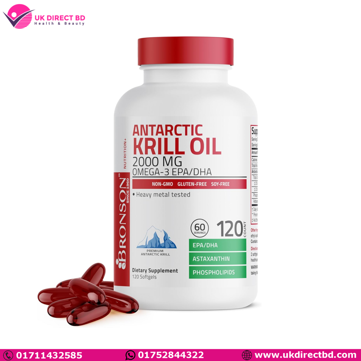 Bronson Antarctic Krill Oil 2000mg with Omega-3s EPA DHA Astaxanthin and Phospholipids 120 Softgels - Image 1