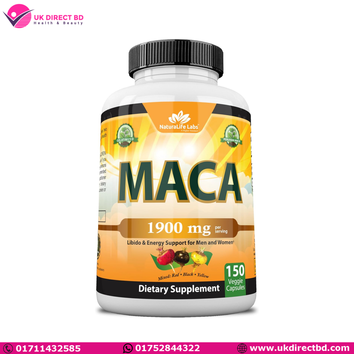 NaturaLife Labs Organic Maca Root Black Red Yellow 1900mg per Serving 150 Vegan Capsules - Image 1