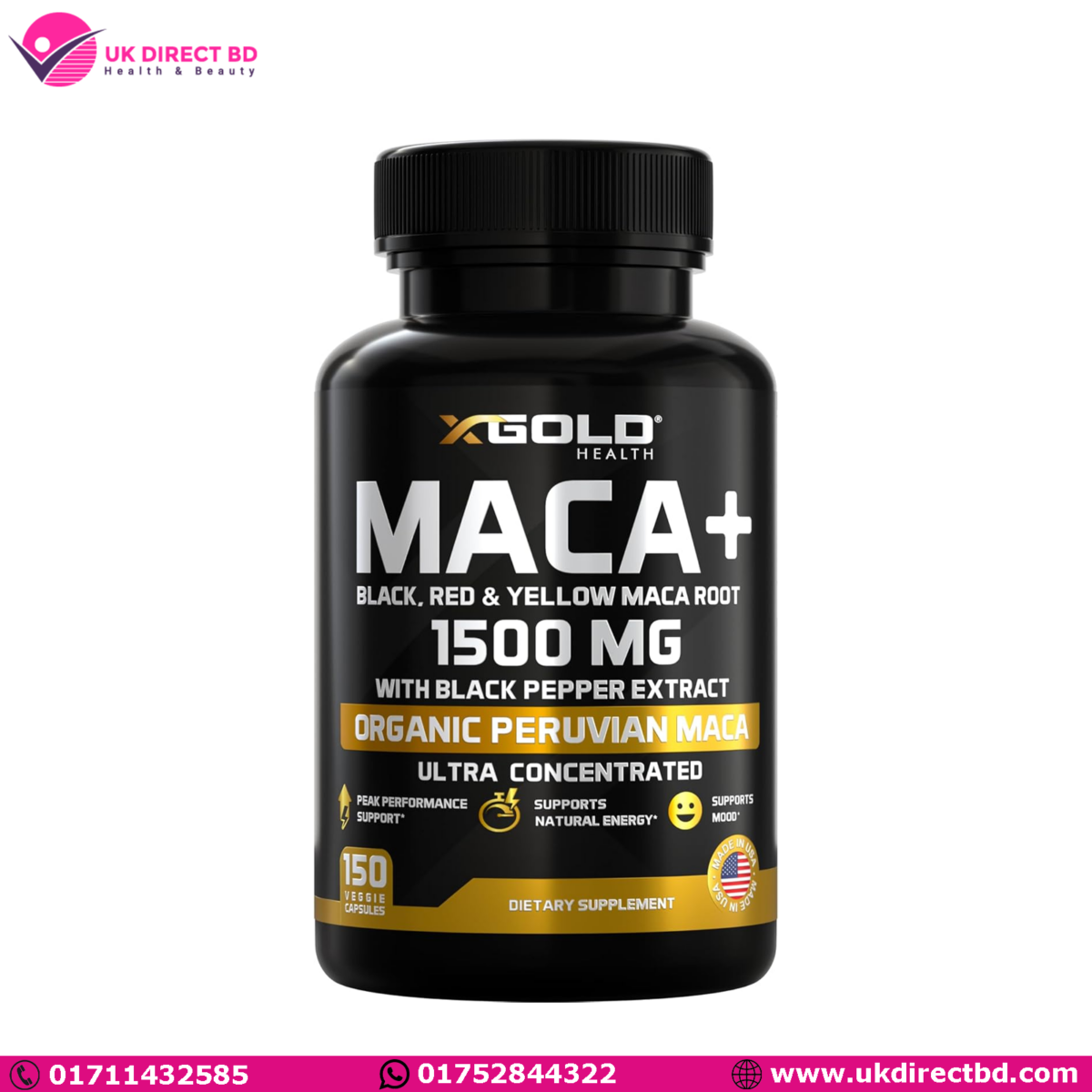 X Gold Health Organic Maca Root Powder Capsules 1500mg with Black Red & Yellow Peruvian Maca Root Extract Gelatinized Energy & Mood Supplement 150 Capsules - Image 1