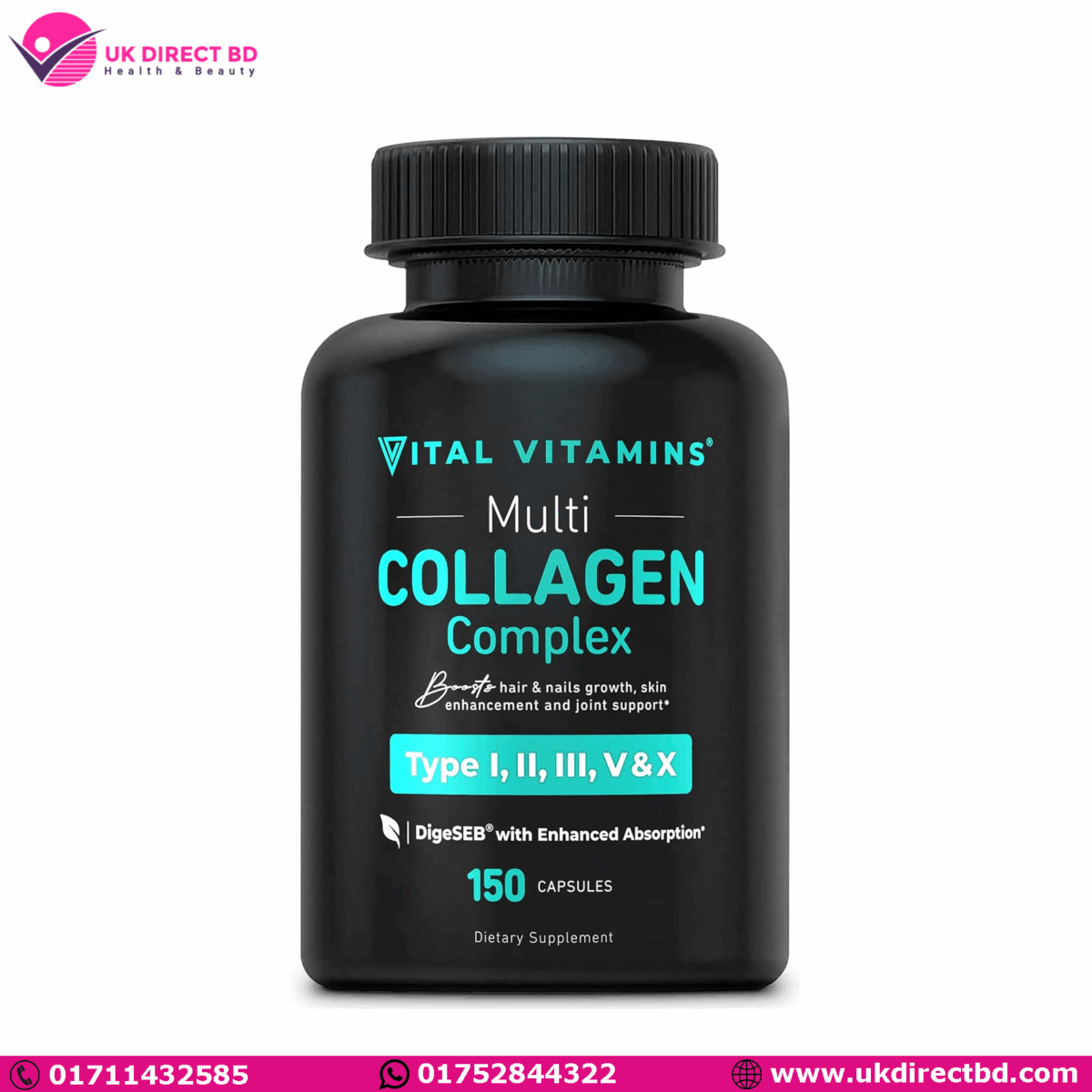 Vital Vitamins Multi Collagen for Women & Men Type I II III V, X  Grass Fed Non GMO 150 Capsules - Image 1