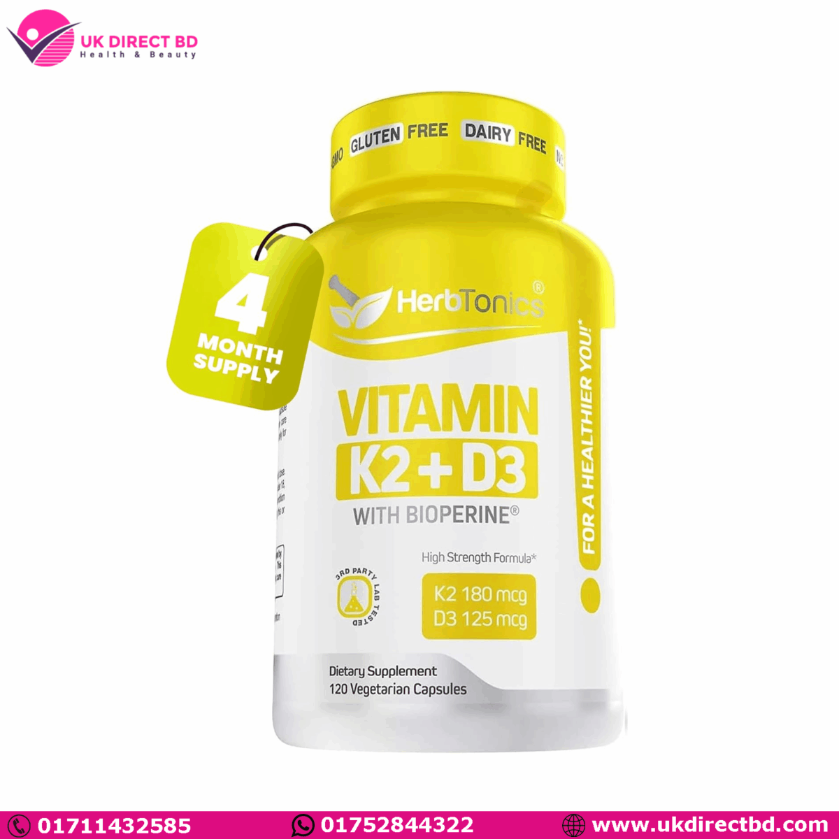 HerbTonics VITAMIN K2 + D3 120 Vegetarian Capsules - Image 1