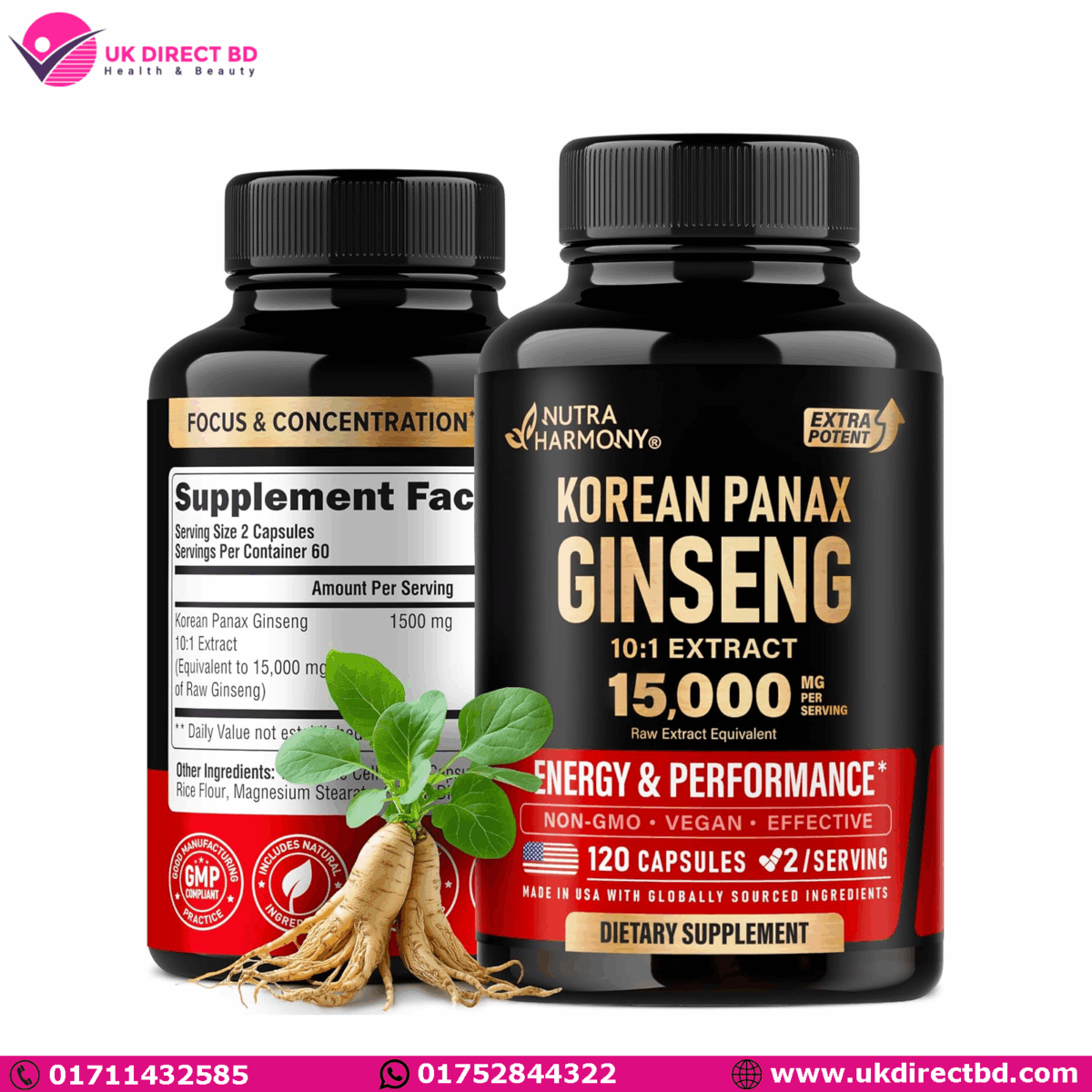 NutraHarmony Korean Panax Ginseng 15000mg 120 Capsules - Image 1