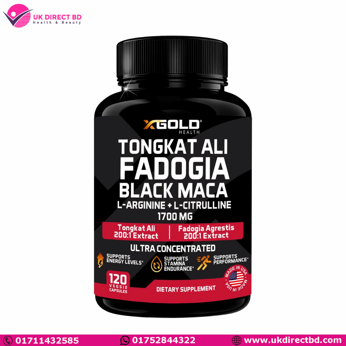 X Gold Health Tongkat Ali Fadogia Black Maca L-Arginine & L-Citrulline 1700mg Men & Women 120 Veggie Capsules - Image 1
