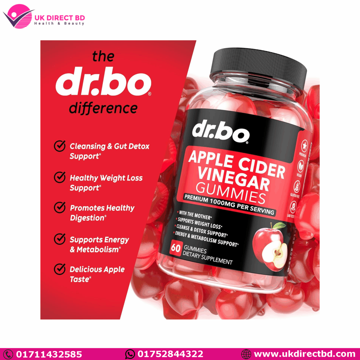 Dr.bo Apple Cider Vinegar Gummies Permium 1000mg Per Serving 60 Gummies - Image 1