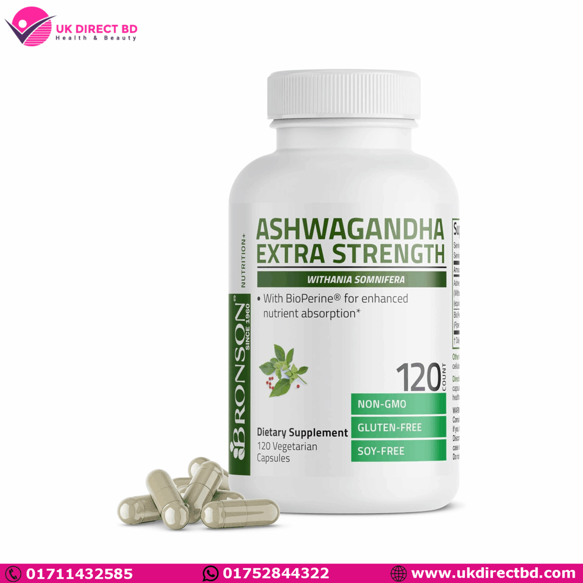 Bronson Ashwagandha Extra Strength Stress & Mood Support with BioPerine 120 Vegetarian Capsules - Image 1