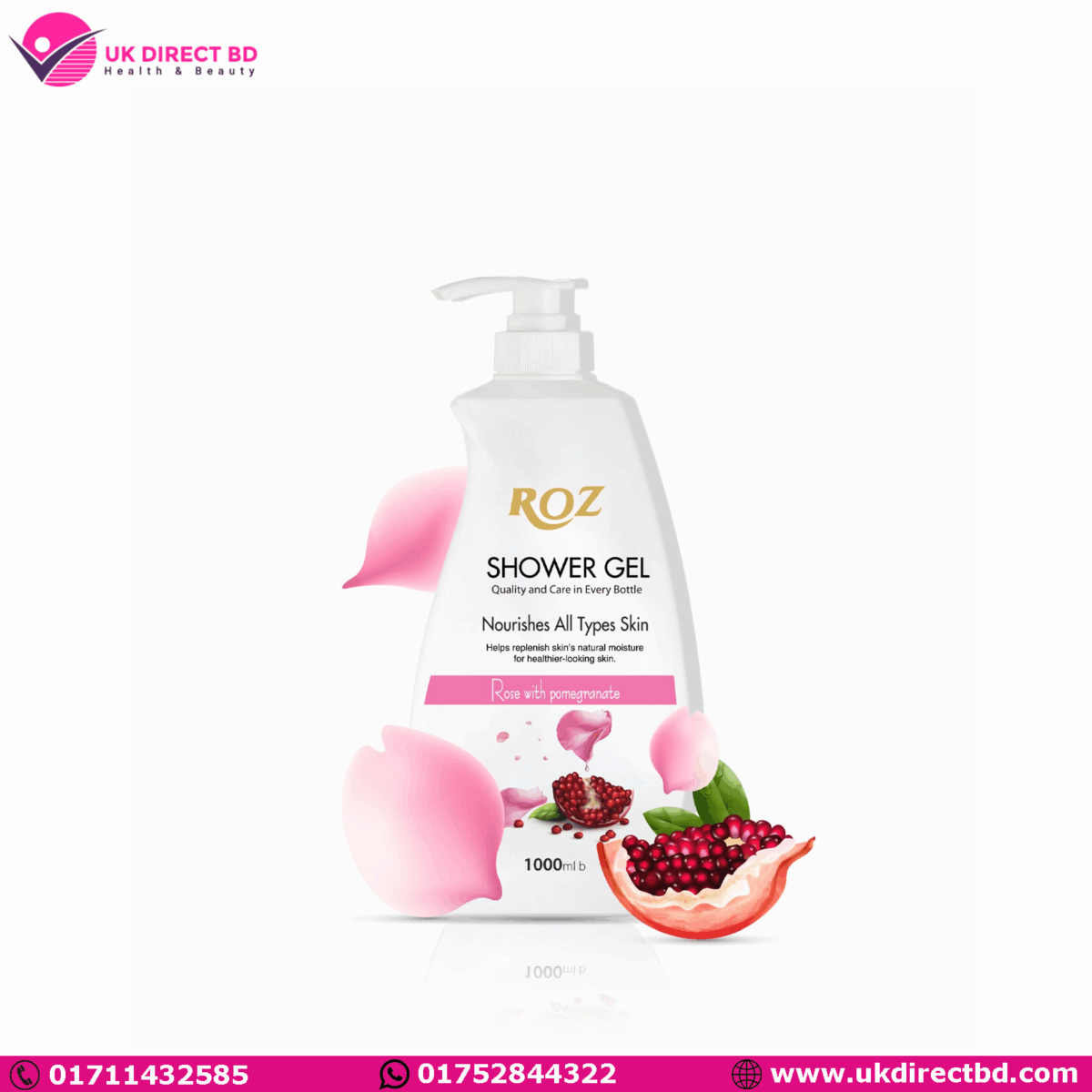 Roz Rose & Pomegranate Shower Gel 1000ml - Image 1