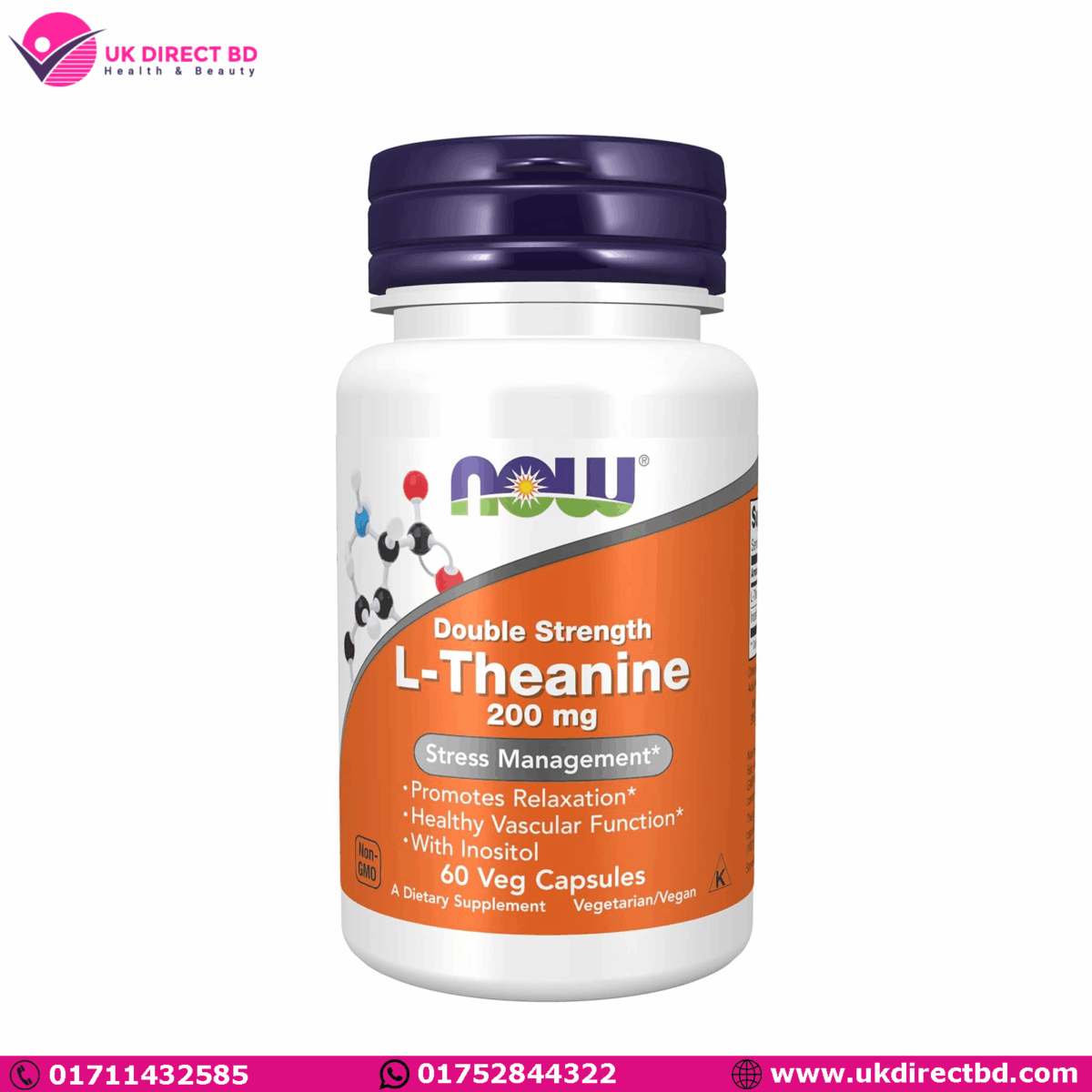 NOW Foods L-Double Strength L-Theanine 200mg Stress Management 60 Capsules - Image 1