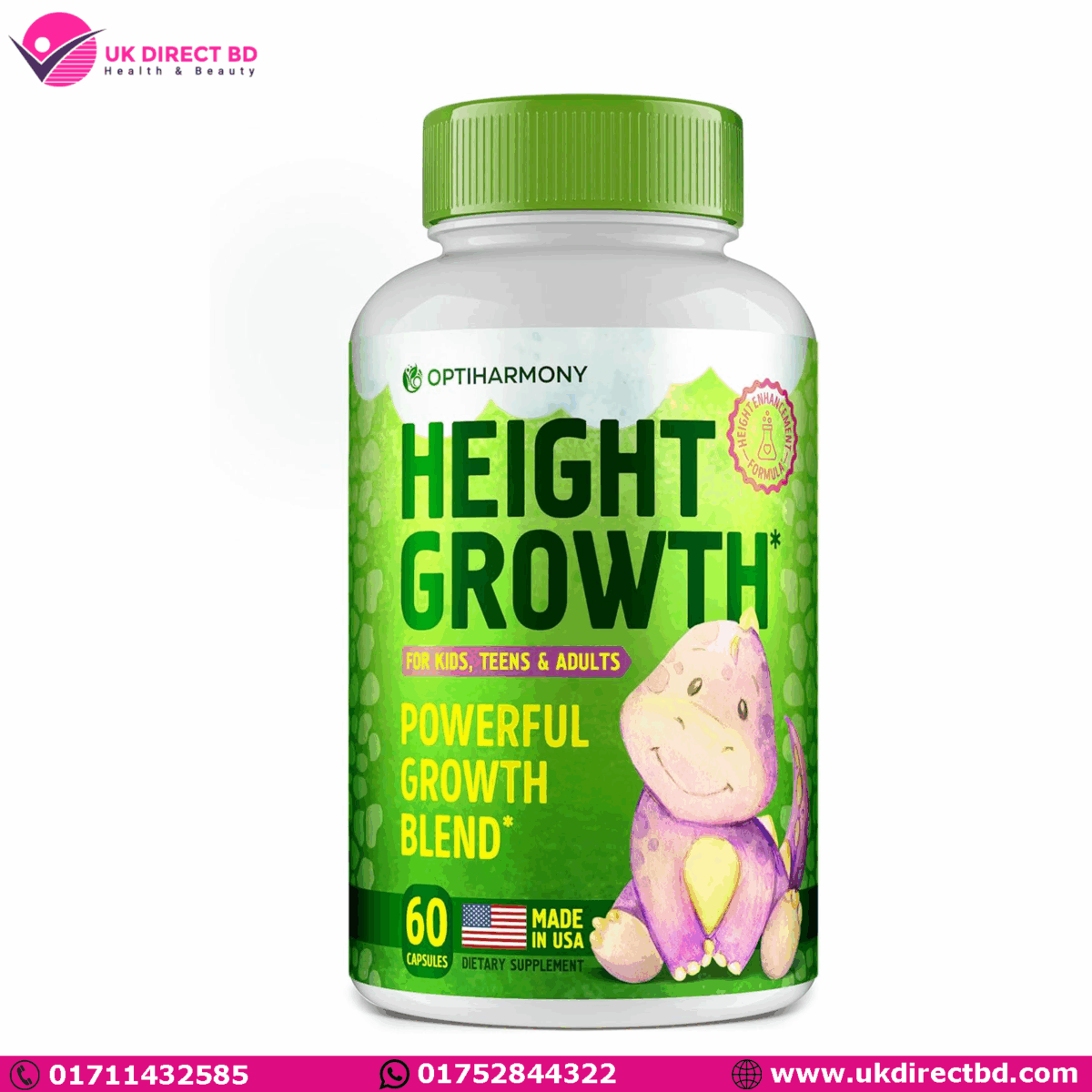 OPTIHARMONY Height Growth Maximizer Natural Height Increase Booster Supplement & Grow Talle Pills Bone Growth for Adults, Teens & Kids 60 Capsule - Image 1