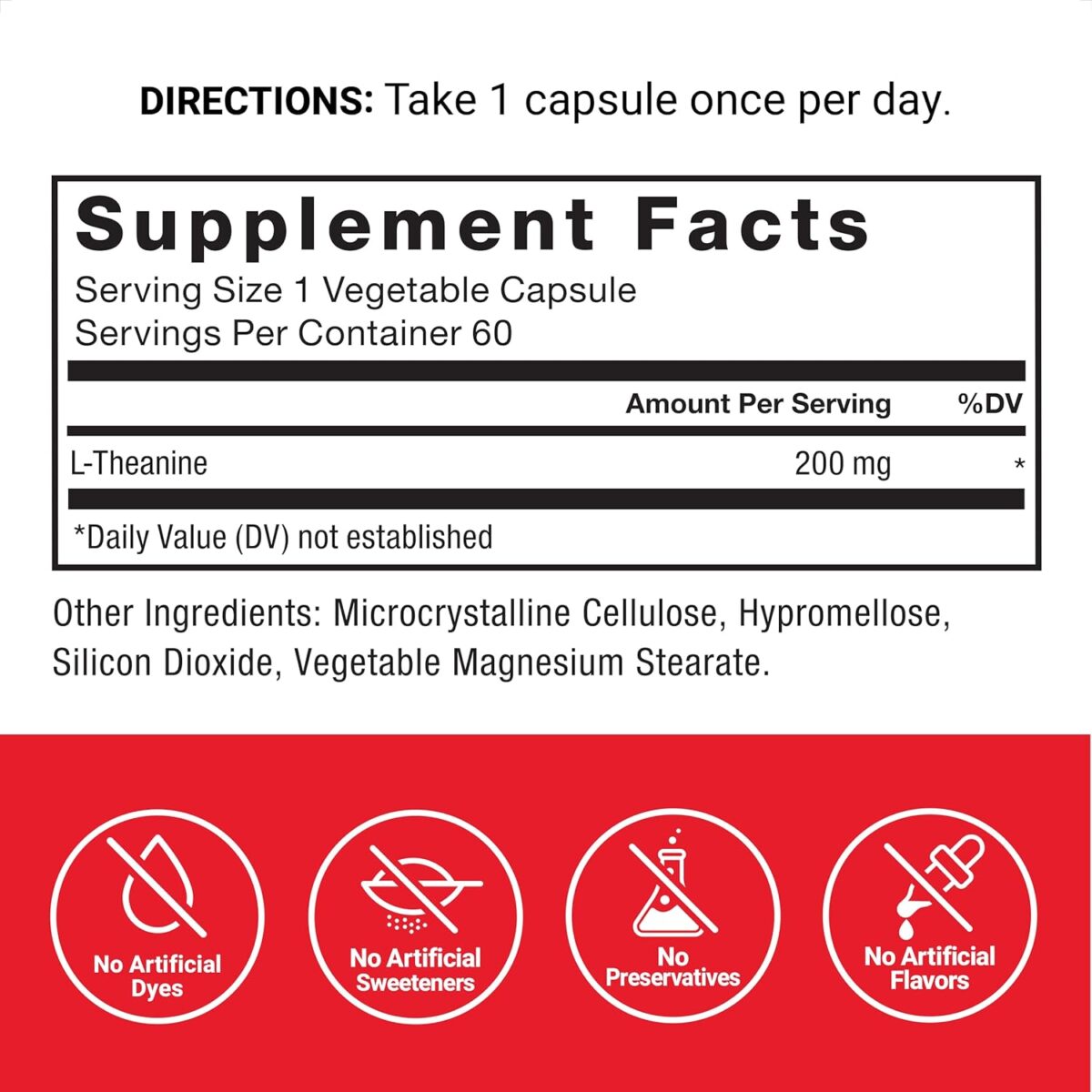 Force Factor L-Theanine Extra Strength 200mg 60 Vegetarian Capsules - Image 2